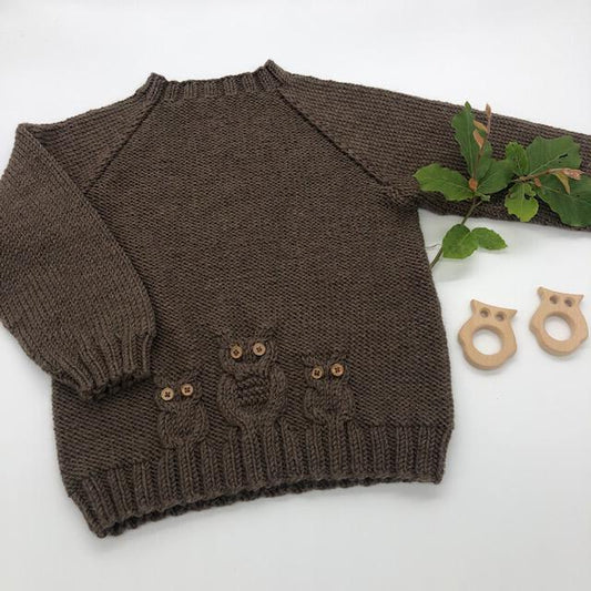 Strikkekits til Ugle luk-øje sweater junior i Extrafine merino 90