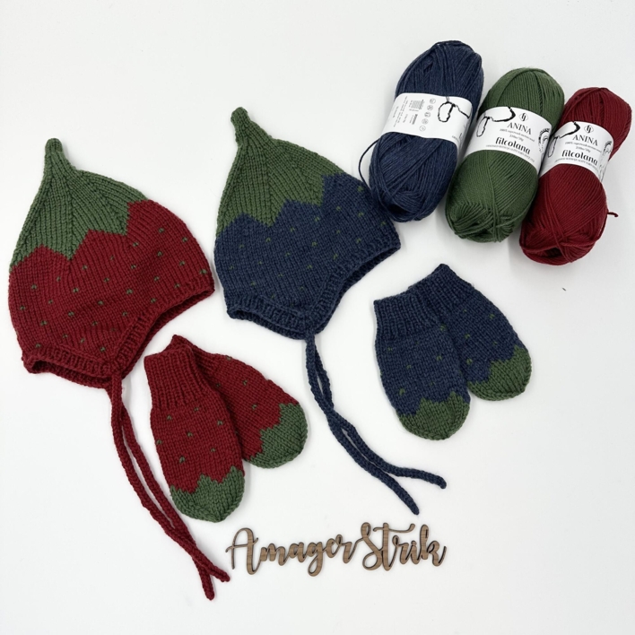 Strikkekits til Jordbær/blåbær hue-sæt i Anina